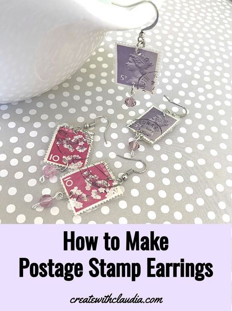 Postage Stamp Earrings Tutorial - Create with Claudia Stamp Earrings, Postage Stamps Crafts, Paper Jewellery, Stamped Earrings, Earrings Tutorial, Jewelry Wall, Postage Stamp Art, Paper Earrings, Funky Earrings