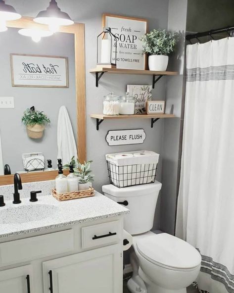 Farmhouse Guest Bathroom Ideas - Soul & Lane Light Grey Walls Bathroom Ideas, Light Grey Bathroom Walls, Farmhouse Apartment Ideas, Bathroom Color Scheme Inspiration, Black White Green Bathroom, Grey Bathroom Remodel, Bathroom Black Hardware, Kids/guest Bathroom, Vanity With Black Hardware