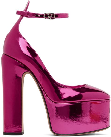 Patent leather heels in metallic pink. · Logo hardware at pin-buckle ankle strap · Logo stamp at leather footbed · Grained leather lining · Covered block heel with rubber injection · Covered platform midsole · Suede outsole · Gold-tone hardware · Platform: H2.25 in · Heel: H6 in Supplier color: Bouganville Hot Pink Platform Heels, 80s Heels, Farfetch Shoes, Pink Platform Heels, Valentino Heels, Valentino Pink, Pink Nike Shoes, Platform Pumps Heels, Hot Pink Heels