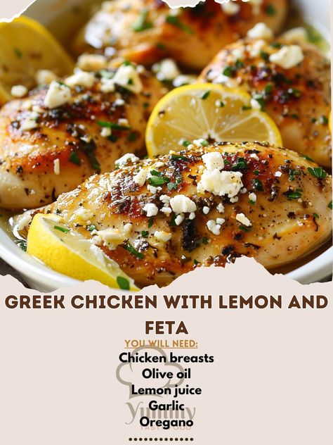 🍗 Savor the taste of Greece with Greek Chicken with Lemon and Feta! Fresh and zesty! 🍋🧀 #GreekCuisine #HealthyEats Greek Chicken with Lemon and Feta Ingredients: Chicken breasts (4) Olive oil (2 tbsp) Lemon juice (1/4 cup) Garlic, minced (3 cloves) Oregano (1 tsp) Feta cheese, crumbled (1/2 cup) Fresh parsley, chopped (1/4 cup) Instructions: Preheat oven to 375°F (190°C). In a bowl, mix olive oil, lemon juice, garlic, and oregano. Marinate chicken breasts in the mixture for at least 30 mi... Greek Chicken With Lemon And Feta, Lemon Feta Chicken, Eat Mor Chikin, Marinate Chicken, Chicken With Lemon, Marinating Chicken Breast, Feta Chicken, Chicken With Olives, Lemon Pepper Chicken