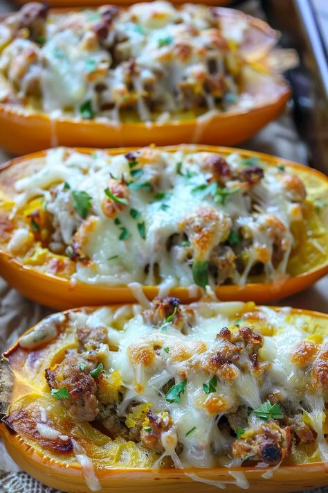 Hearty Sausage-Stuffed Butternut Squash Sausage Stuffed Squash Recipes, Butternut Squash Stuffed With Sausage, Stuffed Winter Squash, Hello Squash Recipes, Stuffed Butternut Squash With Sausage, Butternut Squash Sausage Casserole, Squash Main Dish Recipes, Sausage And Butternut Squash Recipes, Leftover Butternut Squash Recipes