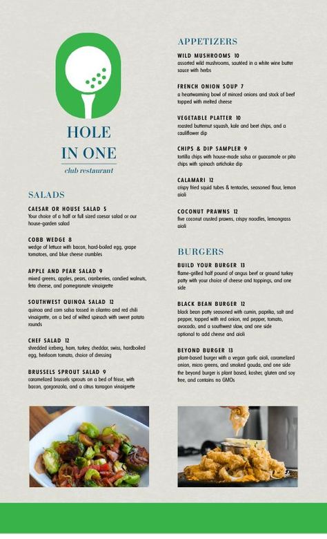 Golf Country Club Menu Design Template by MustHaveMenus Golf Course Food Ideas, Golf Course Menu Ideas, Country Club Food, Club Menu Design, Menu Design Ideas Templates, Free Printable Menu Template, Coconut Prawns, Menu Design Layout, River Restaurant