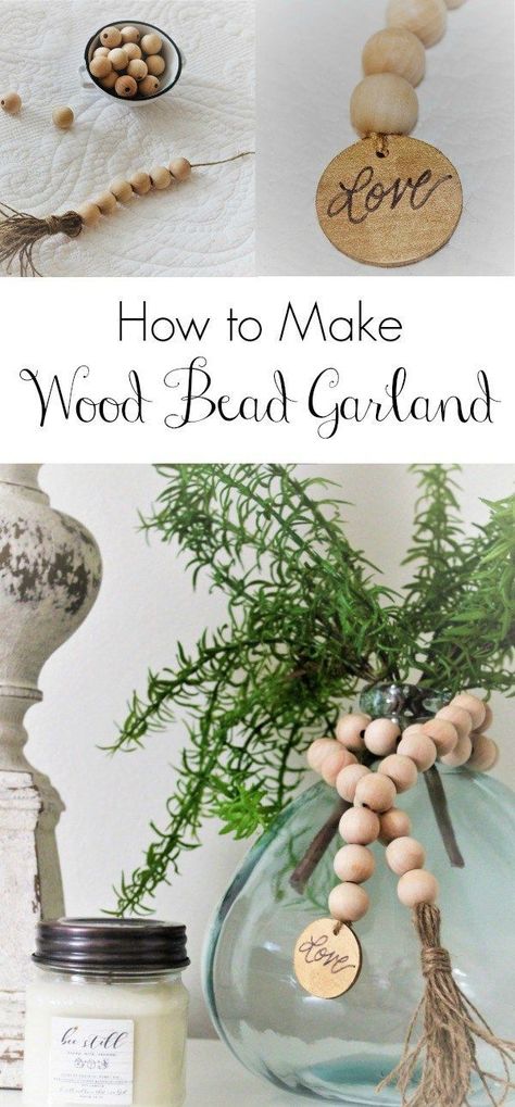 A step by step diy to make wood bead garland with tassels. An easy and inexpensive way to add farmhouse charm to your home. Wood Beads Diy, Wooden Bead Garland, Harry Potter Crafts, Bead Garland, Wood Bead Garland, Farmhouse Charm, Vintage Diy, Beaded Garland, Glass Jar