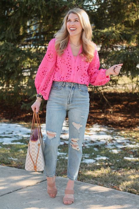 This bright pink eyelet top is beautiful and perfect for spring paired with some distressed jeans and sandals. Pink Floral Top Outfit Jeans, Flirty Pink Crop Top For Spring, Trendy Pink V-neck Top For Spring, Pink Top And Jeans Outfit, Spring Distressed Pink Tops, Flower Blouse Outfit, Casual Pink Vibrant Print Top, Eyelet Top Outfit, Distressed Jeans Outfit