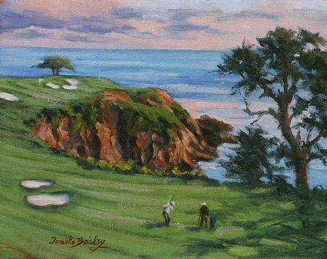 Golf Course Painting, Painting In The Park, Golf Watercolor, Golf Paintings, Pebble Beach Golf Course, Painting Gift Ideas, California Painting, Golf Painting, Dorm Prints