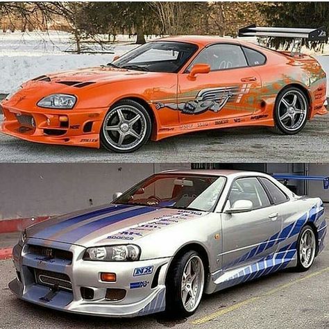 Paul Walker drove the Toyota Supra (top) and the Nissan Skyline GT-R R34 (bottom) Paul Walker Car, Nissan Gtr R34, Skyline Gtr R34, R34 Gtr, Tv Cars, Gtr R34, Best Jdm Cars, Nissan Skyline Gt, Classic Cars Trucks Hot Rods