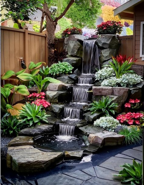 15 Stylizing Small Garden Waterfall Ideas Waterfall Backyard Landscaping, Garden With Water Feature, Man Made Waterfalls Backyard Landscaping, Landscape Waterfall Design, Solar Waterfall, Small Backyard Waterfall Ideas, Small Water Features For The Yard, Small Garden With Fountain, Small Backyard Water Feature