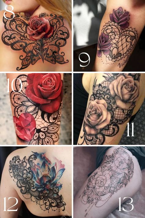 Delicate Flower and Lace Tattoo Designs + Ideas - TattooGlee Floral Lace Sleeve Tattoo, Roses And Lace Tattoo, Rose With Lace Tattoo, Honeycomb Lace Tattoo, Lace Tattoo Design Sleeve, Floral And Lace Tattoo, Lace And Flowers Tattoo, Lace And Jewel Tattoos For Women, Lace And Roses Tattoos For Women