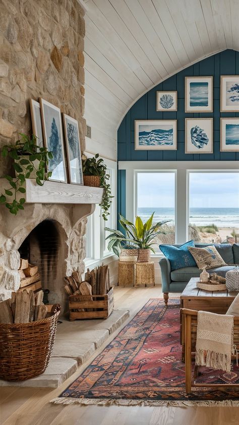 12 Coastal Boho Living Room Fireplace Home Decor Idea — Coastal Cottage by Celeste Boho Living Room Fireplace, Beach Boho Living Room, Lake House Living Room Ideas, Coastal Fireplace Ideas, Coastal Boho Living Room, Boho Fireplace, Beach Fireplace, Cozy Coastal Cottage, Coastal Cottage Living Room