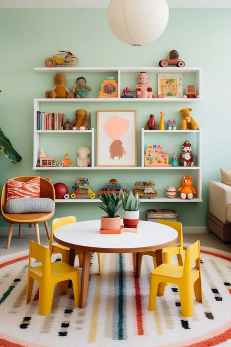 Craft Playroom Combo, Mcm Playroom, Colorful Playroom Ideas, Yellow Playroom, Fun Playroom Ideas, Bright Playroom, Bright Kids Room, Fun Kids Room, Playroom Essentials