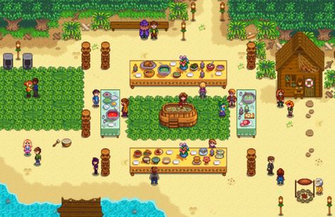 Luau - Stardew Valley Wiki Stardew Valley Luau Guide, Stardew Valley Events, Stardew Luau, Luau Stardew Valley, Stardew Valley Luau, Stardew Valley Party, Coconut Wine, Banana Wine, Mango Wine