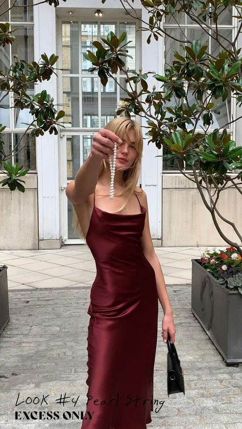 Silk Outfit Classy, Satin Slip Dress Outfit, Burgundy Dress Outfit, Elegant Satin Dress, Satin Dress Outfit, Silk Dresses Outfit, Slip Dress Outfit, Parisian Chic Style, Silk Slip Dress