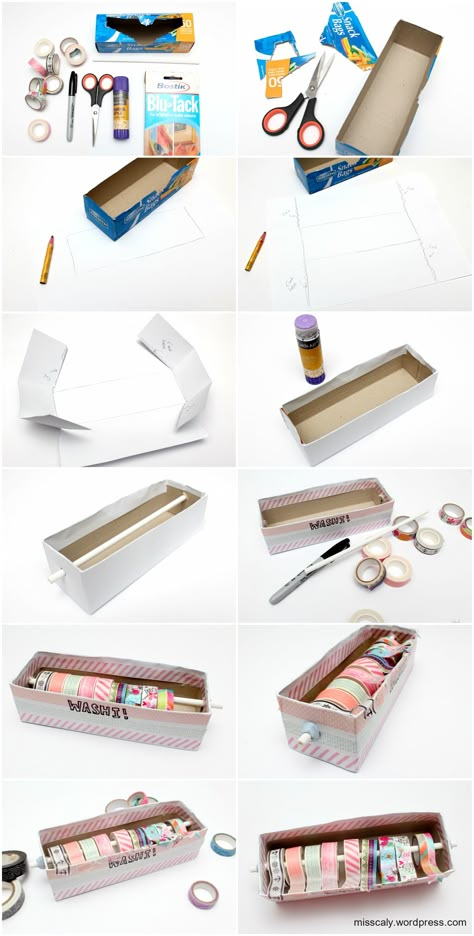 Washi Tape Organization Diy, Sticker Roll Dispenser Diy, Washi Tape Storage Ideas Diy, Diy Washi Tape Organizer, Diy Box Storage, Diy Washi Tape Dispenser, Tape Dispenser Diy, Washi Tape Storage Ideas, Washi Tape Organization