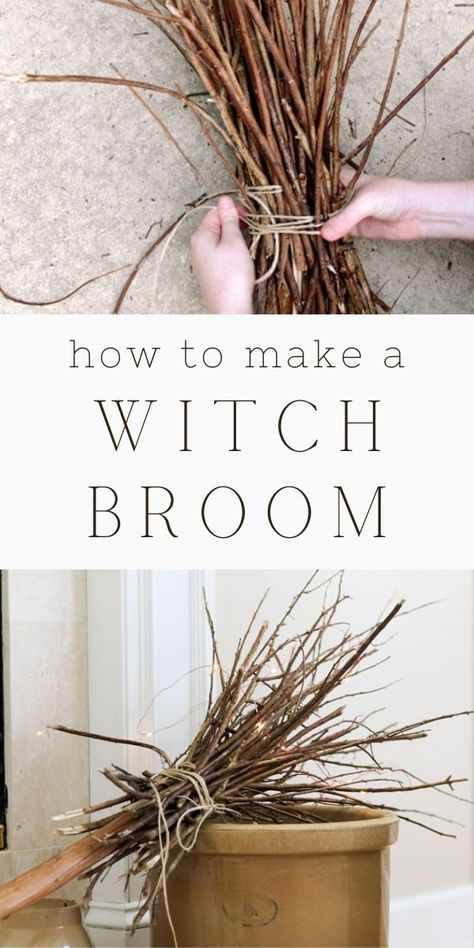 Simple and easy steps on how to make a witch broom for your Halloween decorations. Fun DIY witch broom craft project. Making a witches broom from a broomstick or hiking stick, branches, twigs, and limbs. Great project for kids too. Step-by-step instructions and video on making a flying witch's broom for a spooky all Hallows eve decor ideas. Vintage cottagecore witchcore fireplace mantle decorations for the holidays. Besom Broom, Diy Witch Broom, Twigs Diy, Cinnamon Broom, Vintage Halloween Crafts, Halloween Witch Brooms, Handmade Broom, Witches Broomsticks, Branches Diy