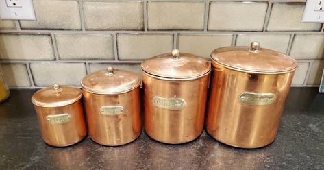 Vintage Copper Canister Revere Ware Set Made in Korea | Etsy Copper Kitchen Countertop, Kitchen Countertop Storage, Copper Cleaner, Copper Canisters, Rustic Country Kitchens, Blue Dinner Plates, Kitchen Canister Set, Vintage Canisters, Revere Ware