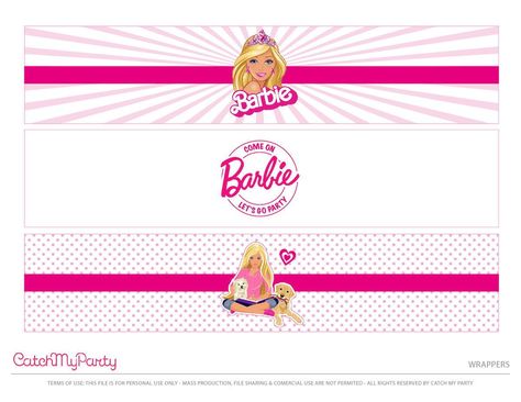 Remove the existing labels on your water bottles and replace them with these Barbie-themed ones. Wrap them around your bottles and use, either glue or tape to fix them at the back. See more party ideas and share yours at CatchMyParty.com Barbie Labels Free Printables, Barbie Thank You Tags Free Printable, Barbie Water Bottle Labels Free, Barbie Party Printables, Barbie Topper, Barbie Banner, Water Bottles Labels, Printable Barbie, Water Bottle Labels Free