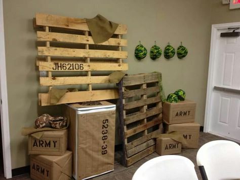 Vacation Bible School Army Theme, Army Fatigue Party Theme, Army Decorations Party Ideas, Army Coming Home Party, Army Party Decorations Diy, Army Soldier Birthday Party, Gods Army Sunday School Decor, Army Vbs Decorations, Gods Army Vbs