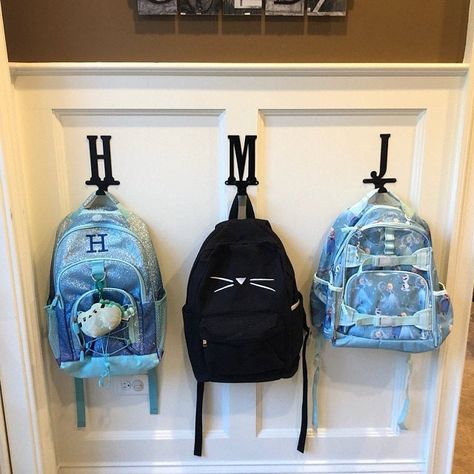 Backpack Hanger Ideas, Backpack Hooks Entryway, Backpack Hanging Ideas, Hooks For Backpacks, Playroom Addition, Backpack Wall, Backpack Hooks, Kids Coat Rack, Letter Hooks