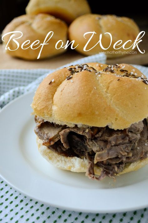 Beef On Weck Beef On Weck Recipe, Kaiser Roll, Mother Thyme, Crock Meals, Kaiser Rolls, Sliced Roast Beef, Baked Rolls, Caraway Seeds, Delicious Sandwiches