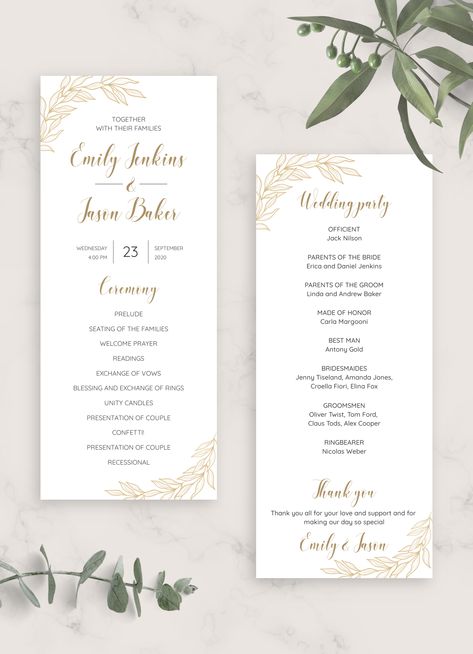 Golden Wedding Program is a guideline that conveys the essentials of your ceremony such as color palette, theme, level of formality and last but not least the schedule of the big day. This wedding program template is 100% editable. The FREE online drag-n-drop editor requires no designer skills yet allows you to customize the text and design of the wedding program cards. After the customization, you will be able to order the printed programs with the fast delivery or download and save a file in P Canva Wedding Program, Wedding Programs Template Free Download, Solicitation Letter, Wedding Program Template Free, Wedding Agenda, Wedding Reception Program, Reception Timeline, Printable Wedding Program Template, Wedding Reception Timeline