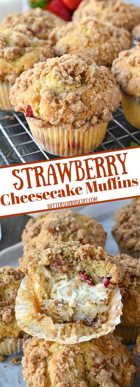 Strawberry Cheesecake Muffins Strawberry Cheesecake Muffins, Sour Cream Blueberry Muffins, Cream Cheese Cheesecake, Strawberry Muffin Recipes, Cheesecake Muffins, Fast Desserts, Strawberry Muffins, Cream Cheese Muffins, Homemade Muffins