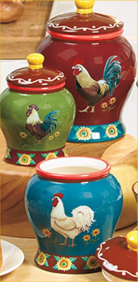 French Country Kitchen rooster motif Country Farm Kitchen, Kitchen Cannisters, Farmhouse Kitchen Canisters, Rooster Canisters, Farm Kitchen Decor, Decorate Kitchen, Rooster Kitchen Decor, Colorful Kitchen Decor, Chicken Kitchen