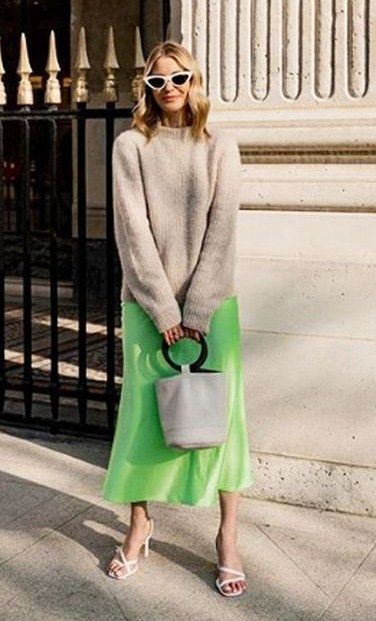 Neon Green Skirt Outfit, Yellow Cardigan Outfits, Green Satin Skirt, Green Skirt Outfits, Slip Midi Skirt, Slip Dress Outfit, Green Slip Dress, Green Maxi Skirt, Big Skirts