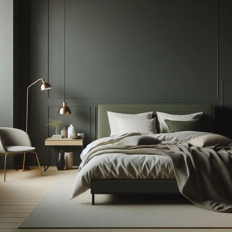 Modern Dark Green Bedroom Modern Olive Green Bedroom, Bedroom Dark Green Accent Wall, Dark Master Bedrooms, Dark Green Bedroom Walls, Dark Green Bedroom Ideas, Green Bedroom Modern, Green Bedroom Colors, Dark Green Bedroom, Olive Green Bedrooms