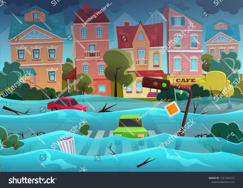 Flood natural disaster in cartoon city concept. City floods and cars with garbage floating in the water. Storm city landscape background for poster or card.concept#city#floods#City Water Flood Drawing, Natural Disasters Art, Natural Disasters Floods, Background For Poster, City Concept, Project Cover, Cartoon City, Image Of Fish, Floating Architecture