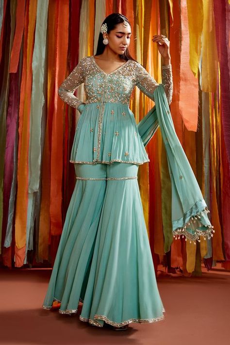 Buy Twinkle Hanspal Blue Chanderi One Shoulder Kaftan And Pant Set Online | Aza Fashions Sade Dresses, Top Sharara Set, Peplum Sharara, Sharara Outfits, Green Sharara, Bridal Suits, Mehendi Outfit, Sharara Designs, Indian Bridesmaids