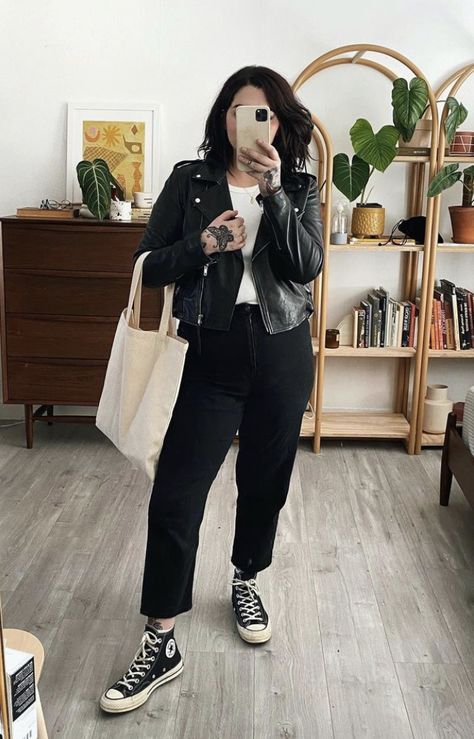 Slacks And Vans Outfit, Tomboy Minimalist Fashion, Rock Business Casual, Edgy Midsize Fashion, Elder Emo Style, Punk Teacher Outfits, Alternative Business Casual Plus Size, Curvy Edgy Outfits, Edgy Midsize Outfits