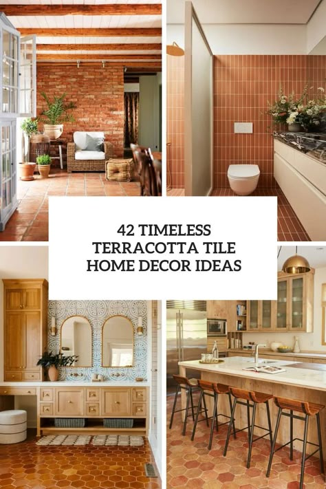 timeless terracotta tile home decor ideas cover Modern Saltillo Tile Kitchen, Interiors With Terracotta Tiles, White Kitchen Terracotta Backsplash, Terracota Tiles Interior, Cabinet Color With Terracotta Tile, Rooms With Terracotta Floors, Decorating With Terracotta Floors, Spanish Home Decor Mexican Style Interior Design, Kitchen With Terra Cotta Tile Floor Farmhouse