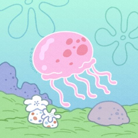 Sponge Bob Jelly Fish Painting, Jelly Fish From Spongebob, Spongebob Jellyfish Drawing, Sponge Bob Jelly Fish, Jelly Fish Spongebob, Sponge Bob Flowers, Spongebob Clouds, Spongebob Jellyfish Painting, Jellyfish From Spongebob