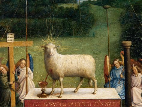 Agnus Dei (Lamb of God) – Art & Theology Ghent Altarpiece, Van Eyck, Jan Van Eyck, Agnus Dei, The Lamb, Medieval History, John The Baptist, Sacred Art, Funny Art