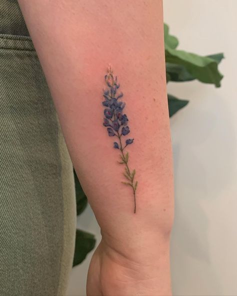 Tiny Bluebonnet Tattoo, Small Blue Bonnet Tattoo, Blue Vervain Tattoo, Bluebonnet Watercolor Tattoo, Texas Bluebonnets Tattoo, Bluebonnet Tattoo Men, Bluebonnet Flower Tattoo, Subtle Texas Tattoos, Fine Line Lupine Tattoo