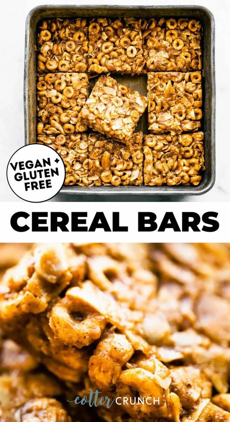 This homemade Gluten-Free Cereal Bars recipe is tastier than anything you’ll find in the store and better for you, too! Made with less than ten vegan ingredients, they’re a healthy no-bake recipe for kids, toddlers and adults. Make this easy snack recipe today! Gluten Free Cereal Bars, Cereal Bars Recipe, Cereal Bars Recipes, Vegan No Bake, Homemade Cereal, Gluten Free Cereal, Baking Recipes For Kids, Recipe For Kids, Vegan Ingredients