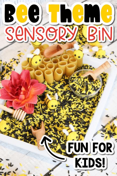 Simple Bee Sensory Bin with Rice – Life Over C's Honey Bee Sensory Bin, Bee Sensory Table, Kindergarten Supply List, Bee Sensory Bin, Prek Ideas, Sensory Tubs, Bee Activities, Insect Activities, Insects Theme