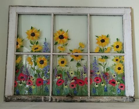 Antique Window Wall, Painted Window Ideas, Decorated Windows, Window Pane Art, Nature Quilt, Repurposed Window, Painted Window Art, Peace Poles, Window Wall Art