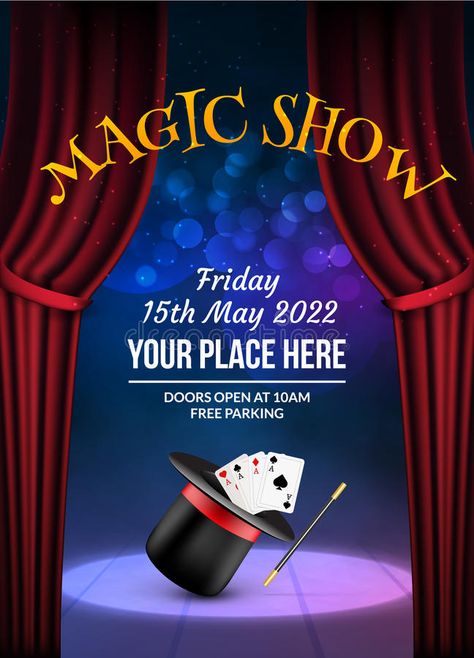 Magic Show poster design template. Illusion magical vector background. Theater m #Sponsored , #Sponsored, #ADVERTISEMENT, #poster, #Magic, #template, #design Theatre Brochure, Magic Show Poster, Show Poster Design, Magic Theme, Poster Template Free, Movie Theatre, Flyer Printing, Visiting Nyc, Magic Show