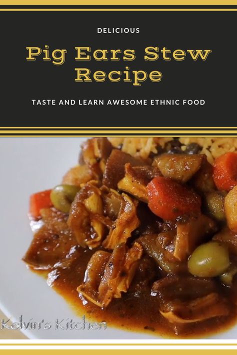 Pig Ears Recipe:  Ingredients: 1 lb of pig ears 1 cup of chicken stock 1 cup of tomatoes sauce 2 tbsp of sofrito 1 packet of sazon 1 tsp of adobo 2 tbsp of green olives 1 bay leave 1 potato 1 carrot 1 tbsp of olive oil black pepper to taste  Instructions: 1. add olive oil to pot over medium high heat 2. saute sofrito for about 1 minute or so 3. add pig ears and the rest of the ingredients 4. cook on instant pot or pressure cooker for 15 minutes, on stove top 45 minutes 5. serve with rice and enj Pork Ears Recipe, Pigs Ears Recipe, Pig Ears Recipe, Soulfood Recipes, Tomatoes Sauce, Offal Recipes, Spanish Rice Recipe, Jamaican Dishes, Boricua Recipes