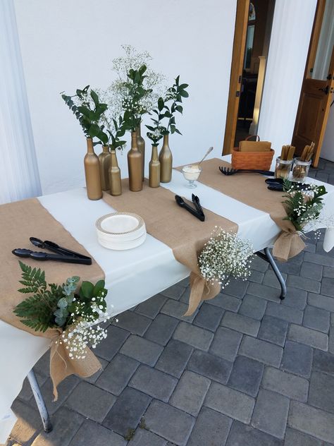 Greenery Party Decorations, Bridal Shower With Greenery Decor, Burlap And Eucalyptus Wedding, Confirmation Ideas Decorations, Food Serving Table Decor, Wedding Table Linens Ideas, Greenery Wedding Shower Ideas, Graduation Table Party Ideas, Bridal Shower Bathroom Decor