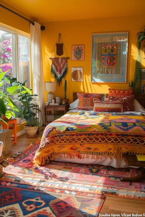 [Ad] Dive Into A World Of Vibrant Colors And Eclectic Patterns With This Bright Boho Bedroom. Infused With Sunshine Hues And Cozy Textures, ItS The Perfect Retreat For The Modern Man Seeking Warmth And Style. Explore More 62 Boho Ideas! #colorfulbohemianbedroomdecor Colourful Bohemian Bedroom, Boho Colorful Bedroom, Bright Colorful Bedroom, Bright Boho Bedroom, Colourful Bedroom Ideas, Yellow Boho Bedroom, Colorful Bohemian Bedroom Decor, Colorful Bohemian Bedroom, Bright Bedroom Colors