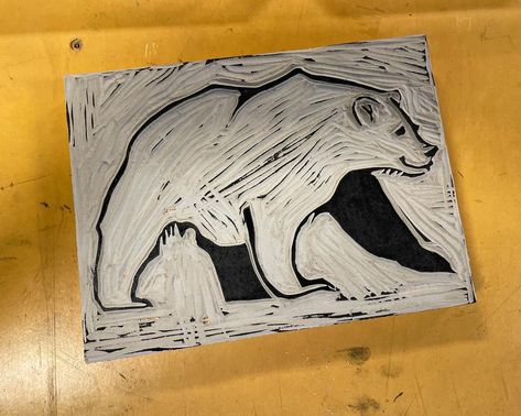 Bear Print - Printmaking #printmaking #print #linocut #reliefprinting #portfolio Wolf Linocut, Relief Printing, Lino Cut, Bear Print, Linocut Prints, Red Riding Hood, Paper Cut, Chocolate Bar, Linocut