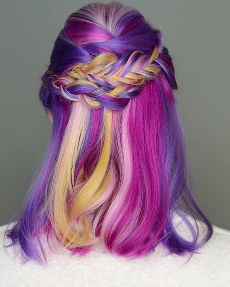 Braids fishtail braid and my little pony hair colour pink hair purple hair (@sugarskullsbysarah) on Instagram: “Princess Cadence inspired #unicornhair . . . @theprismatics @authentichairarmy @fuckinghair…” My Little Pony Hair, Princess Cadence, Funky Hair, Hair Color Options, Colourful Hair, Long Hair Tips, Bright Hair, Hair Color Pink, Colorful Hair