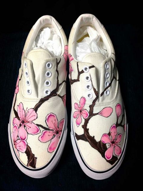 Cherry blossom hand painted shoes Sharpie Shoes, Painted Shoes Diy, Blossom Cherry, Painted Canvas Shoes, Fairy Shoes, Custom Painted Shoes, Diy Sneakers, Painted Sneakers, Hand Painted Clothing