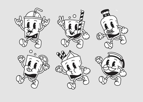 Basic Cartoon Character, Retro 30s Cartoon, 1920s Cartoons Character Design, Retro Cartoons Characters, 1940 Cartoon Style, How To Draw Retro Cartoons, 1930s Cartoons Characters, Drink Character Design, Vintage Cartoon Design