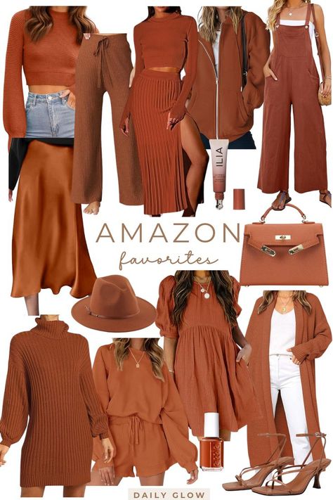 Amazon Fall Rust Fashion Favorites - Women's Neutral Fall Burnt Orange Clothing Finds Burnt Orange Fashion, Fall Fashion Petite, Orange Clothing, Trending Looks, Amazon Fashion Finds, Amazon Favorites, Orange Outfit, Trendy Jackets, Stylish Sweaters