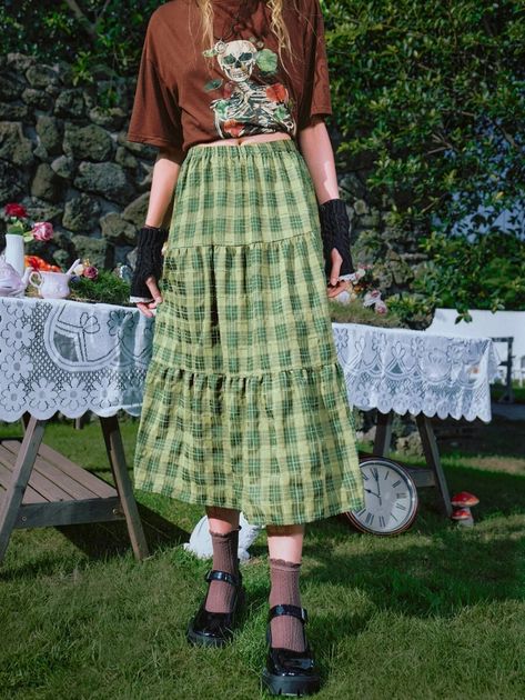 Green Skirt Outfit, Midi Outfits, Plaid Skirt Outfit, Women Bottoms, Maxi Skirt Outfits, Skirt Outfit, Fairy Grunge, Layered Skirt, Plaid Skirt