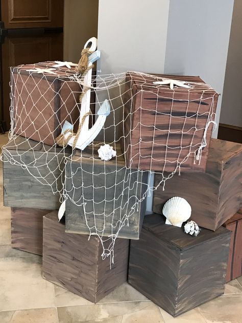 Pirate Ship Party Decor, Treasure Island Theme Party, Treasure Island Party Decorations, Pirate Window Display, Breaker Rock Beach Photo Booth, Diy Shipwreck Decor, Pirate Ship Decorations Diy, Shipwreck Party Theme, Vbs 2024 Decorations