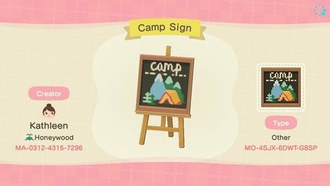 ✨a campsite sign design to match idyllwild(MA-8674-1895-0346) signs✨ Acnh Campsite Sign Code, Acnh Direction Sign, Villager Signs Acnh, Campsite Animal Crossing Codes, Animal Crossing Design Codes Signs, Acnh Garden Sign Design Code, Campsite Sign Acnh, Acnh Campsite Path Design Codes, Animal Crossing Campsite Path